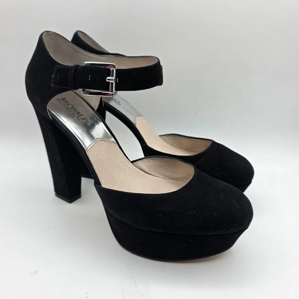 Michael Kors Haven Black Suede Ankle Strap Platform Block Heel Pumps